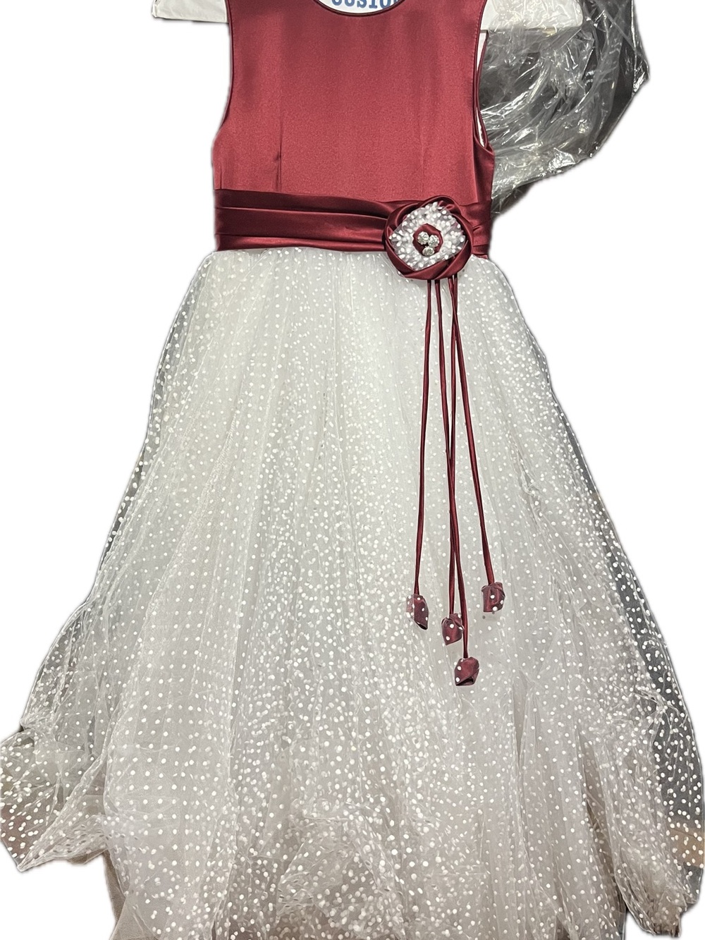 Girls' Burgundy Satin Top White Polka Dot Tulle Dress with Floral Sash